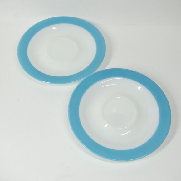 2 Pyrex Turquoise Blue Stripe Saucers 6" Milk Glass Vintage - Picture 1 of 6
